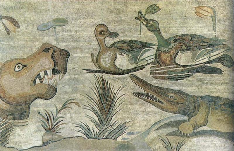 Nilotic mosaic with hippopotamus,crocodile and ducks, unknow artist